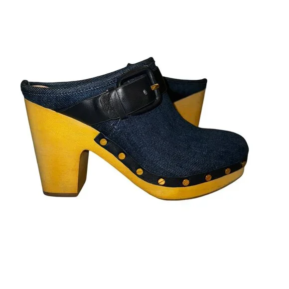 Like new Veronica Beard Dacey Denim & Navy Blue Leather Buckle Clogs Siz… - Picture 7 of 8